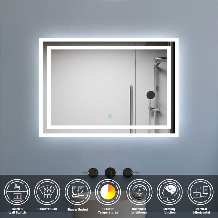 AICA Bathrooms Backlit Illuminated Bathroom Mirror with Shaver Socket, Energy-Saving LED Smart Mirror, 3 Colors Dimmable Wall Mounted Bathroom Vanity Mirror with LED Lights and Demister Pad