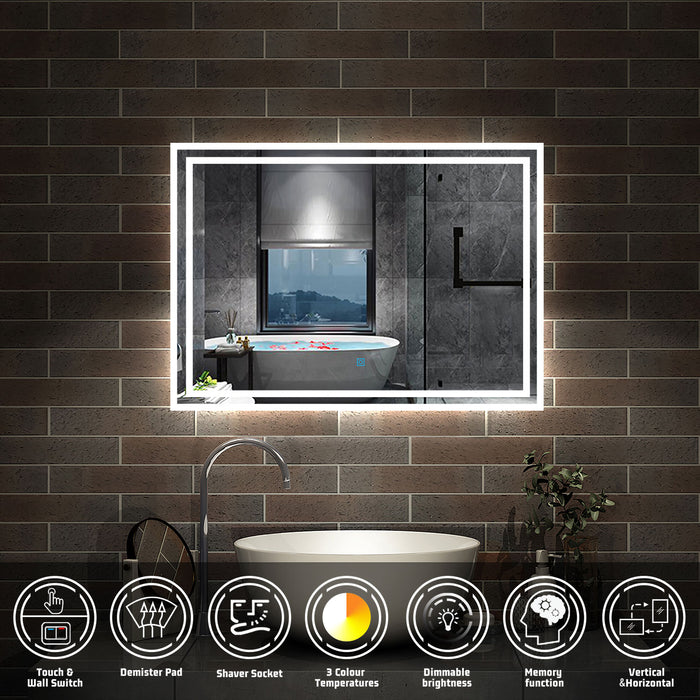 AICA Bathrooms Backlit Illuminated Bathroom Mirror with Shaver Socket, Energy-Saving LED Smart Mirror, 3 Colors Dimmable Wall Mounted Bathroom Vanity Mirror with LED Lights and Demister Pad