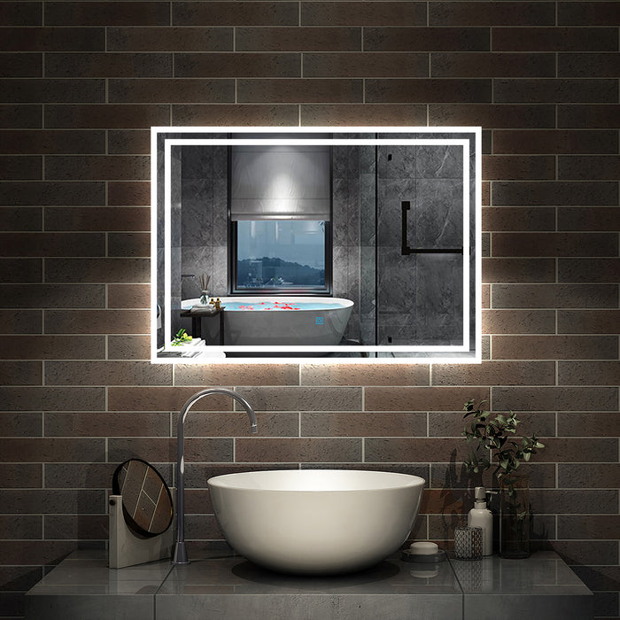 AICA Bathrooms Backlit Illuminated Bathroom Mirror with Shaver Socket, Energy-Saving LED Smart Mirror, 3 Colors Dimmable Wall Mounted Bathroom Vanity Mirror with LED Lights and Demister Pad