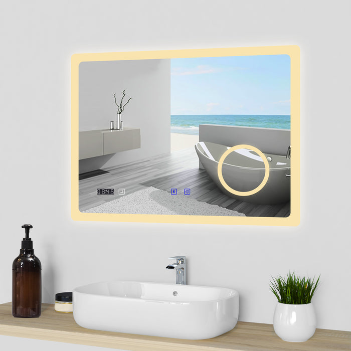 AICA Bathrooms LED Mirror Bluetooth Bathroom Mirror with LED Lights, Magnifying Bathroom Mirrors with Dimmable 3 Colors, Clock, Demister Pad,IlluminatedWall Mounted Vanity Mirror Horizontal/Vertical,Anti-fog