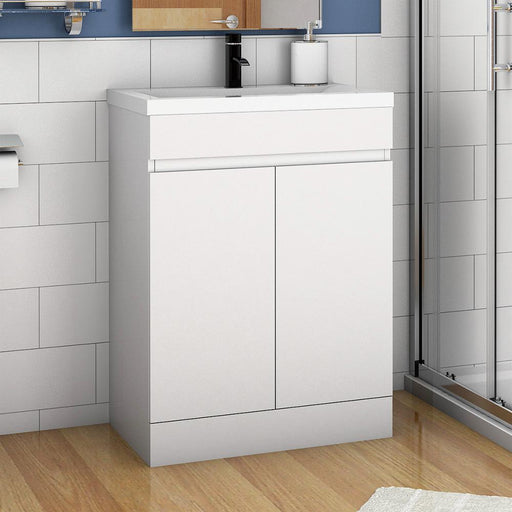 white vanity unit with baisn freestanding