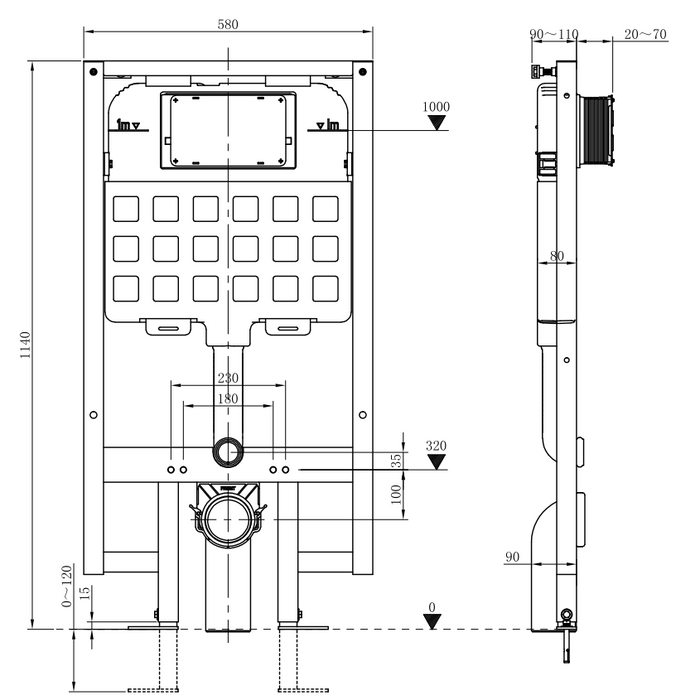 1140mm heigh Aica concealed toilet cistern frame set