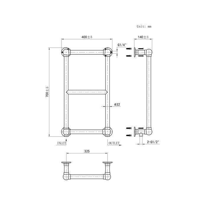 Traditional 3 Bar 700x400mm Victorian Chrome Heated Towel Rail Bathroom Radiator