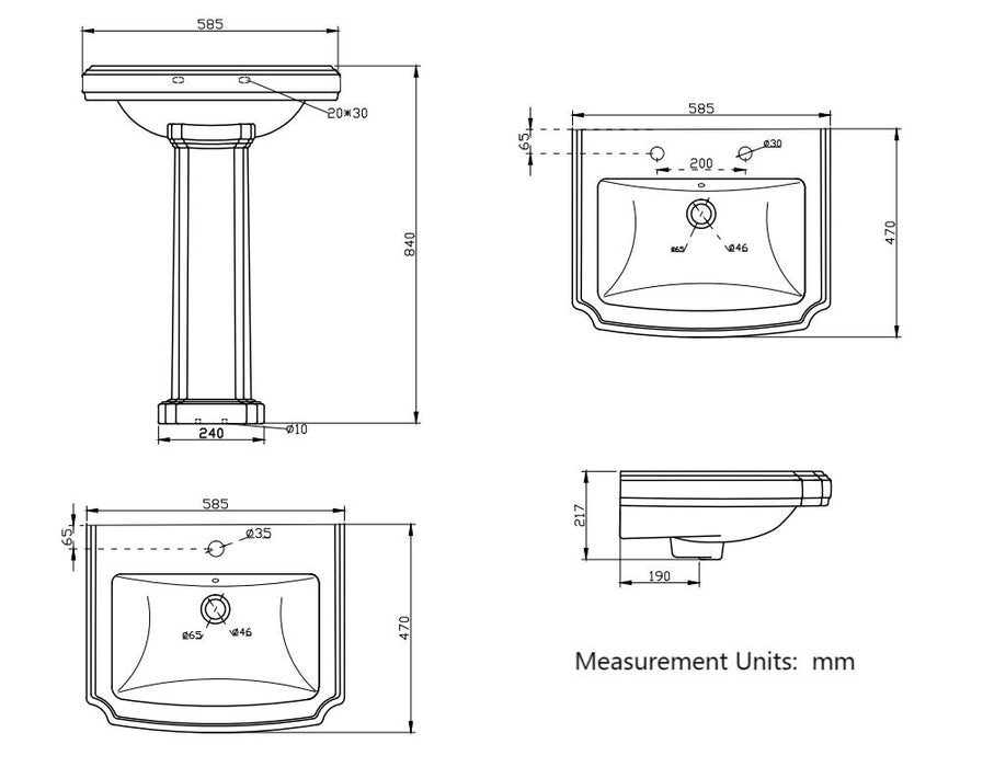 AICA Bathroom Traditional Pedestal Basin Sink  Full Floorstanding  - 2 Tap Hole