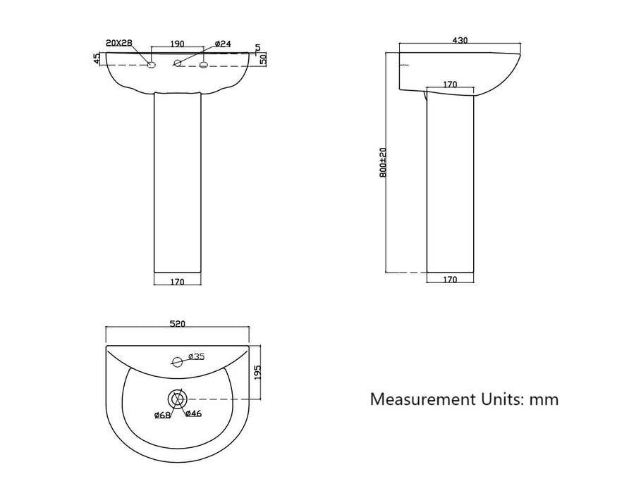 AICA Bathroom Single Tap Hole Pedestal Basin Sink  Modern Full Floor standing