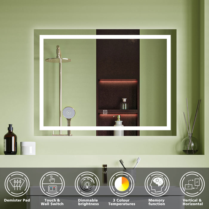 AICA Bathrooms 3 Colour LED Mirror, Anti-fog, Touch wall switch, Infinitely Dimmable, Power Failure Memory