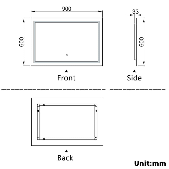 AICA Bathrooms 3 Colour LED Mirror, Anti-fog, Touch wall switch, Infinitely Dimmable, Power Failure Memory