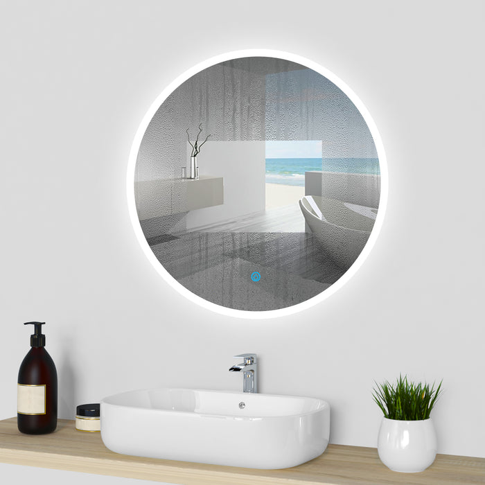 AICA Bathrooms Round Mirror with LED Lights, LED Bathroom Mirror, Illuminated Bathroom Mirror with Touch Switch 3 Colour Dimmable Lights Demister Pad Wall Mount