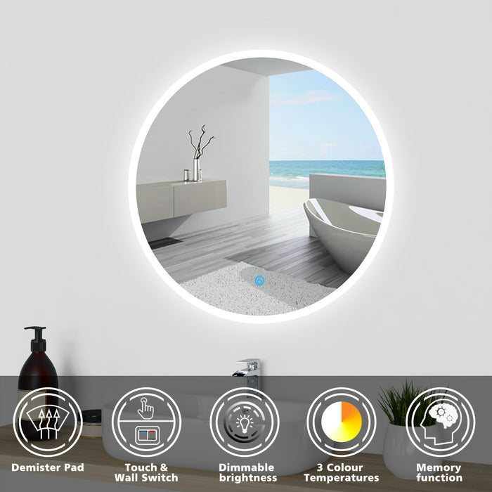 AICA Bathrooms Round Mirror with LED Lights, LED Bathroom Mirror, Illuminated Bathroom Mirror with Touch Switch 3 Colour Dimmable Lights Demister Pad Wall Mount