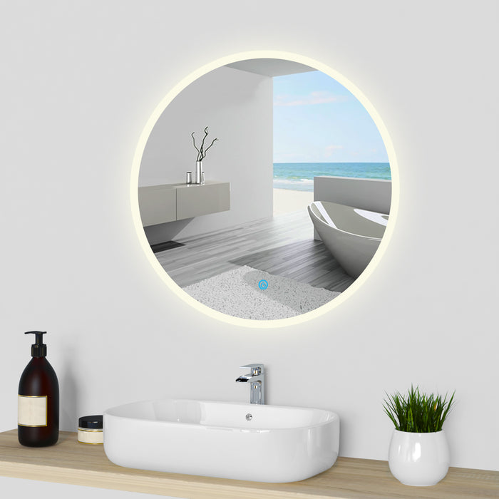 AICA Bathrooms Round Mirror with LED Lights, LED Bathroom Mirror, Illuminated Bathroom Mirror with Touch Switch 3 Colour Dimmable Lights Demister Pad Wall Mount