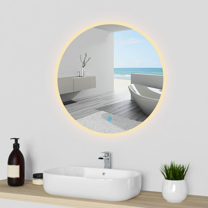 AICA Bathrooms Round Mirror with LED Lights, LED Bathroom Mirror, Illuminated Bathroom Mirror with Touch Switch 3 Colour Dimmable Lights Demister Pad Wall Mount