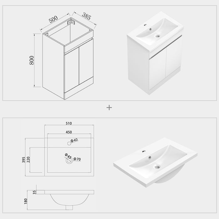 800x500mm Bathroom White Vanity Unit With Soft Close Doors|Storage Space|Artificial Stone Basin