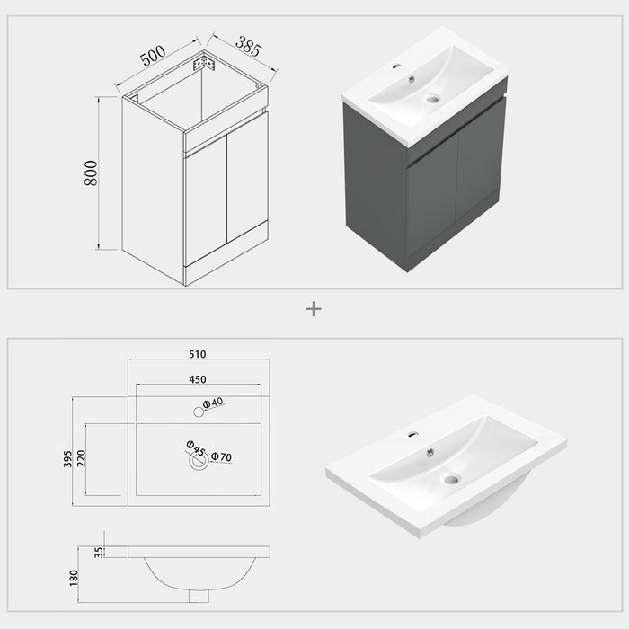 800x500mm Bathroom Anthracite Vanity Unit With Soft Close Doors|Storage Space|White Artificial Stone Basin