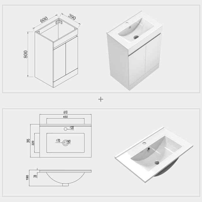 800x600mm Bathroom White Vanity Unit With Storage Space| Soft Close Doors| Thin Ceramic Basin