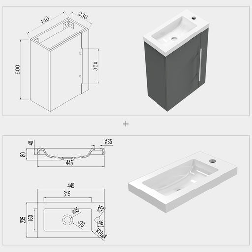 Small vanity unit with sink wall-hung