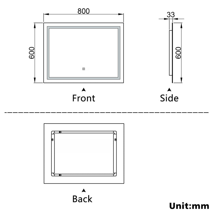 AICA 800 X 600 MM 3 Colour LED Mirror,Anti-fog,Infinitely Dimmable,Power Failure Memory,Touch wall switch