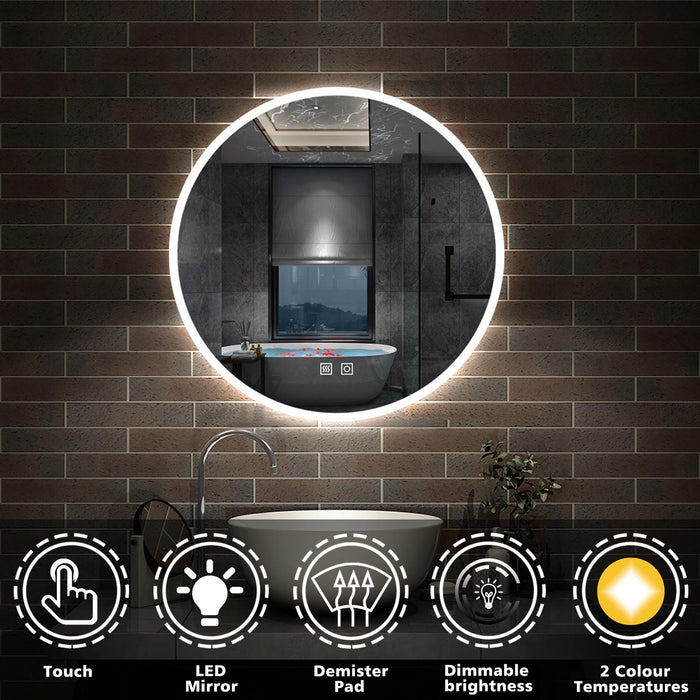 Dimmable Round LED Bathroom Mirror with Demister Pad 2 Colours