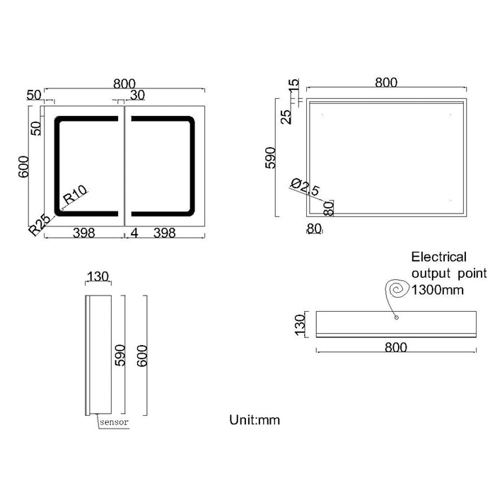 800 x 600 Demister Bathroom Mirror Cabinet with Lights and Socket